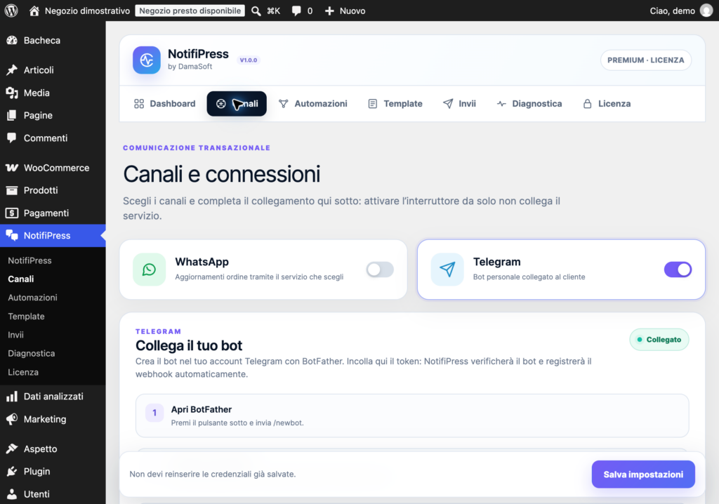 Schermata Canali di NotifiPress: scelta tra WhatsApp e Telegram e guida al collegamento del bot in un sito demo.