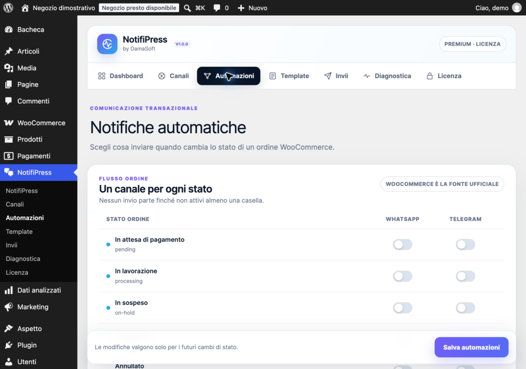 Automazioni NotifiPress per scegliere quali cambi di stato degli ordini WooCommerce notificare via WhatsApp e Telegram.
