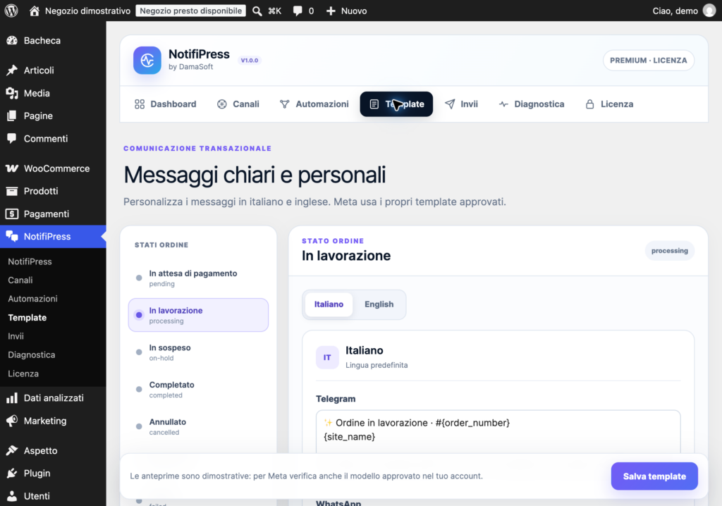 Editor dei template NotifiPress: messaggi ordine in italiano e inglese con campi dinamici per Telegram e WhatsApp.