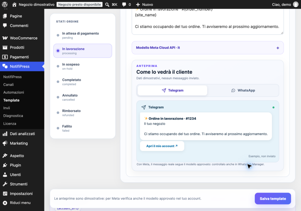 Anteprima Telegram di NotifiPress: esempio dimostrativo di un aggiornamento ordine WooCommerce in italiano.