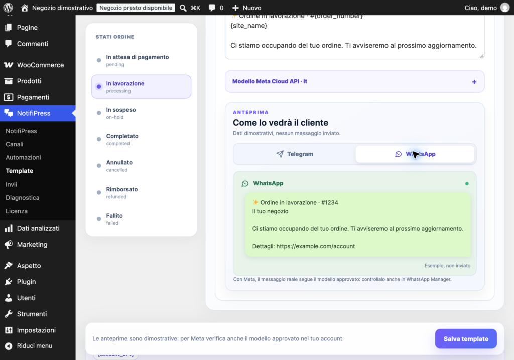 Anteprima WhatsApp di NotifiPress: esempio dimostrativo di un aggiornamento ordine WooCommerce in italiano.