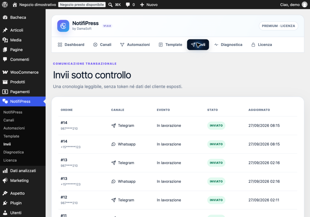 Registro invii di NotifiPress in un negozio demo: ordini fittizi, destinatari mascherati e stato delle notifiche.