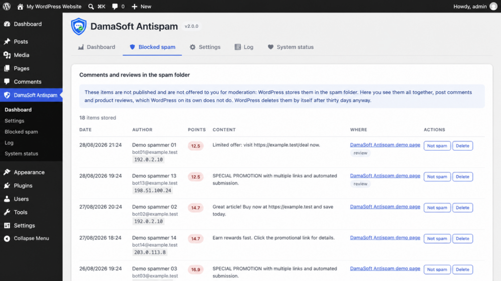 DamaSoft Antispam ยท schermata 2