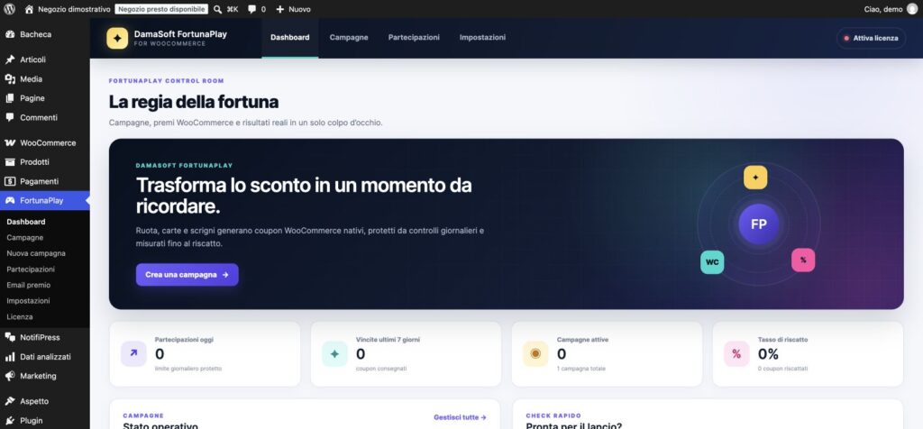 Dashboard FortunaPlay con campagne, vincite e coupon WooCommerce nel negozio dimostrativo
