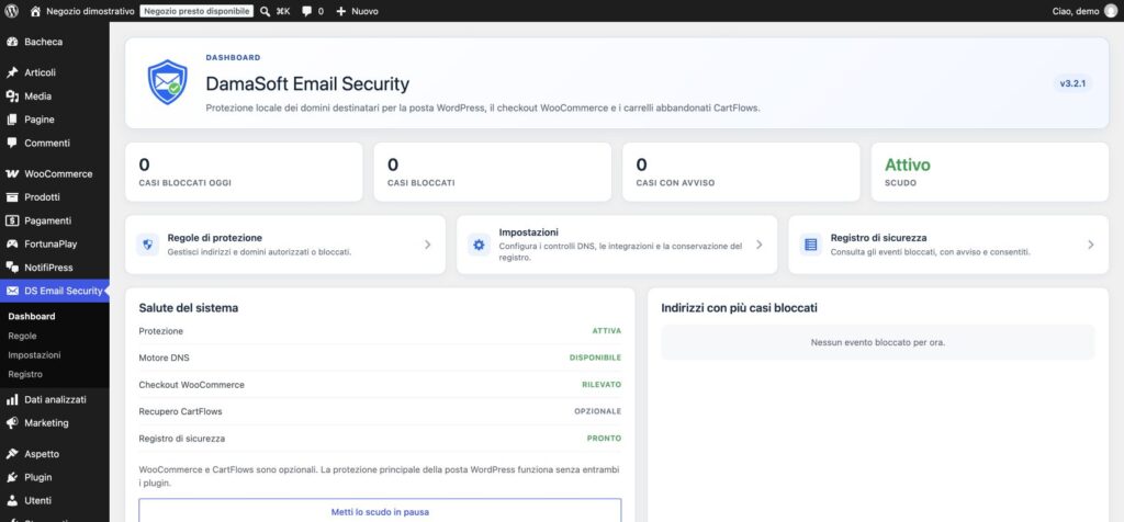 Dashboard Email Security con stato della protezione e controlli email in italiano