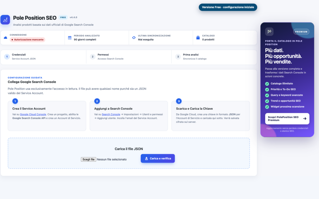 Configurazione di PolePosition SEO Free e collegamento in sola lettura a Google Search Console, senza credenziali reali