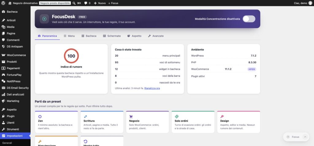 Bacheca FocusDesk con analisi del menu e dei widget nel WordPress dimostrativo