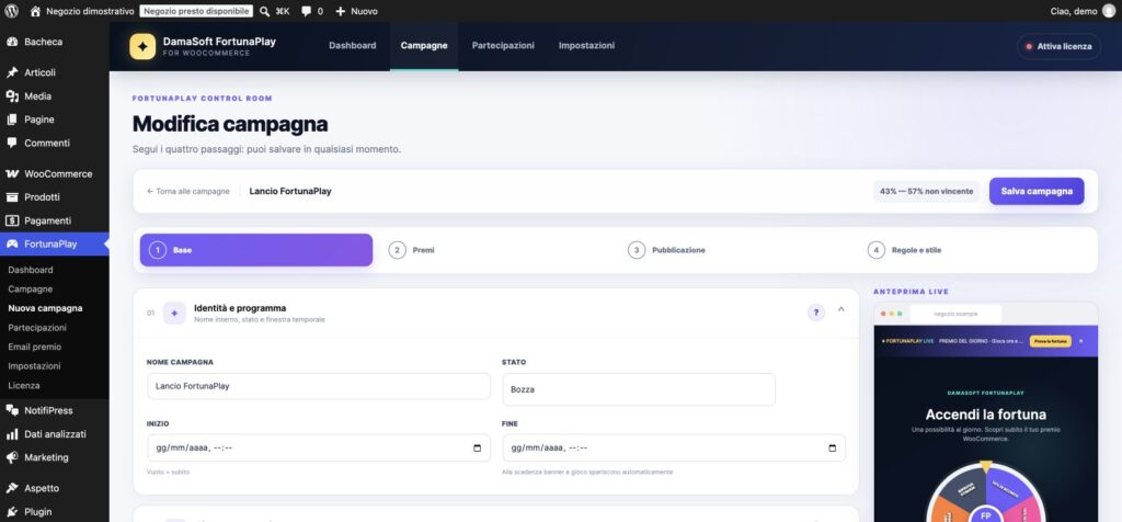 Procedura guidata FortunaPlay per creare una campagna con anteprima della ruota