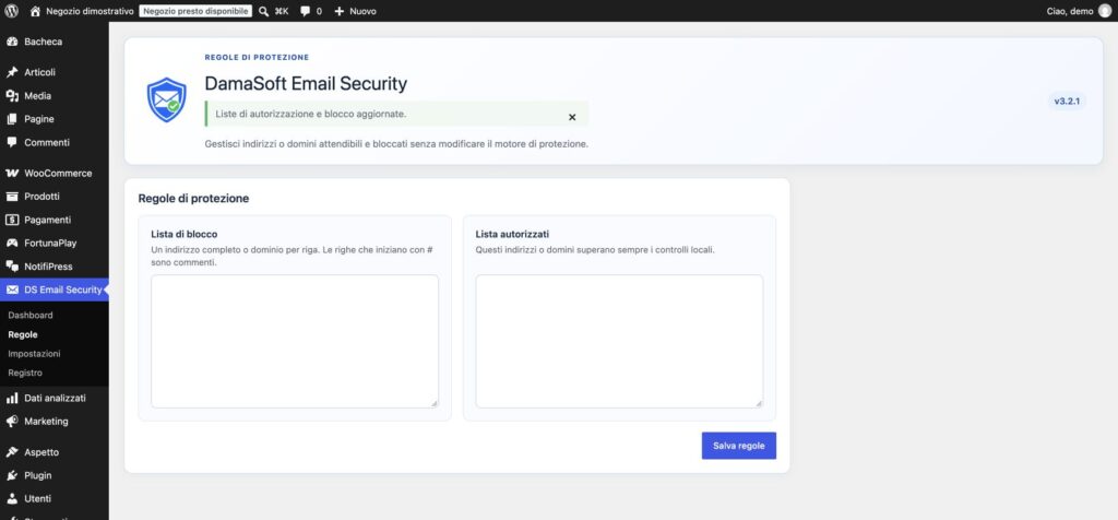 Regole Email Security con liste di blocco e autorizzazione nel WordPress dimostrativo