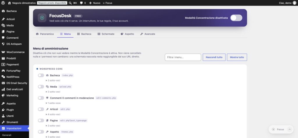 Impostazioni FocusDesk per scegliere quali menu visualizzare durante la modalità Focus