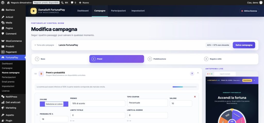 Premi e probabilità FortunaPlay con coupon WooCommerce