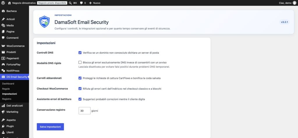 Impostazioni di sicurezza email, checkout WooCommerce e conservazione del registro