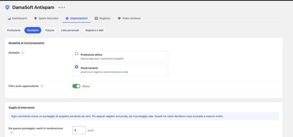 Protezione attiva e osservazione con soglie di intervento Antispam
