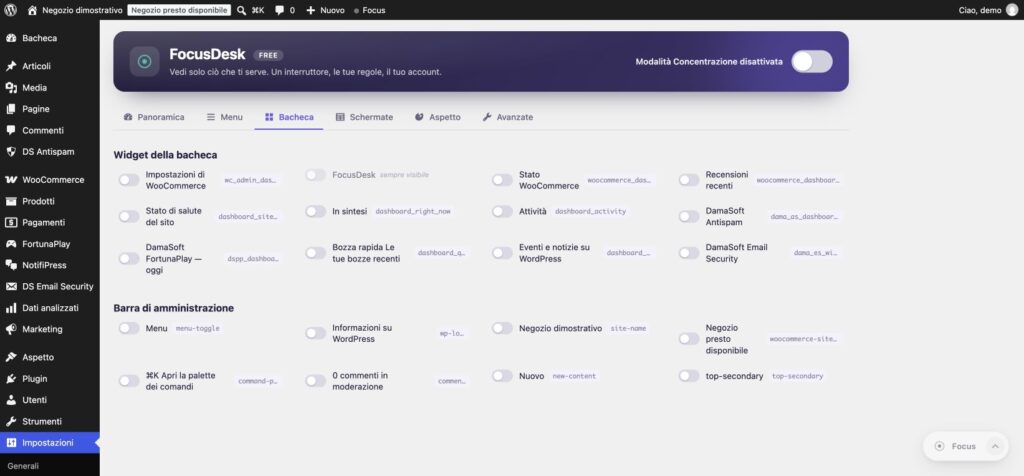Widget WordPress gestibili nella scheda Bacheca di FocusDesk