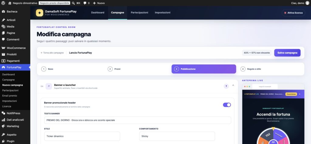 Impostazioni del banner promozionale FortunaPlay e anteprima live