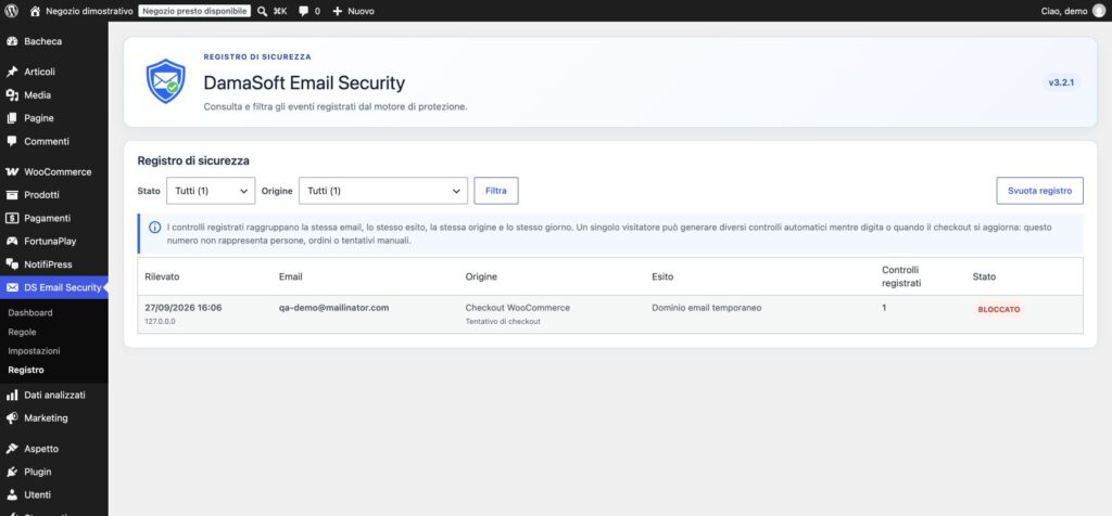 Registro Email Security con un tentativo checkout dimostrativo bloccato per dominio email temporaneo