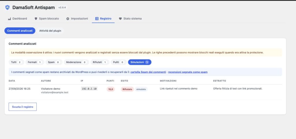 Registro Antispam con simulazioni separate dai blocchi reali
