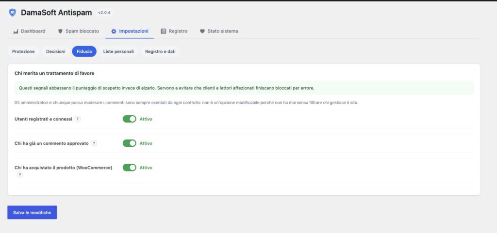Regole di fiducia Antispam per utenti registrati, commenti approvati e clienti WooCommerce