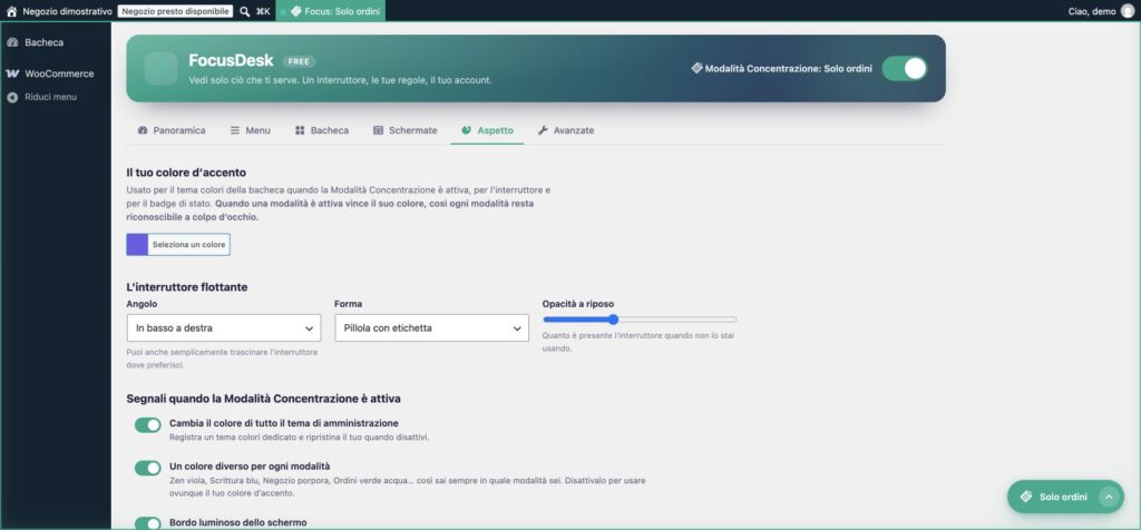 Opzioni FocusDesk per colore e interruttore flottante nel pannello WordPress