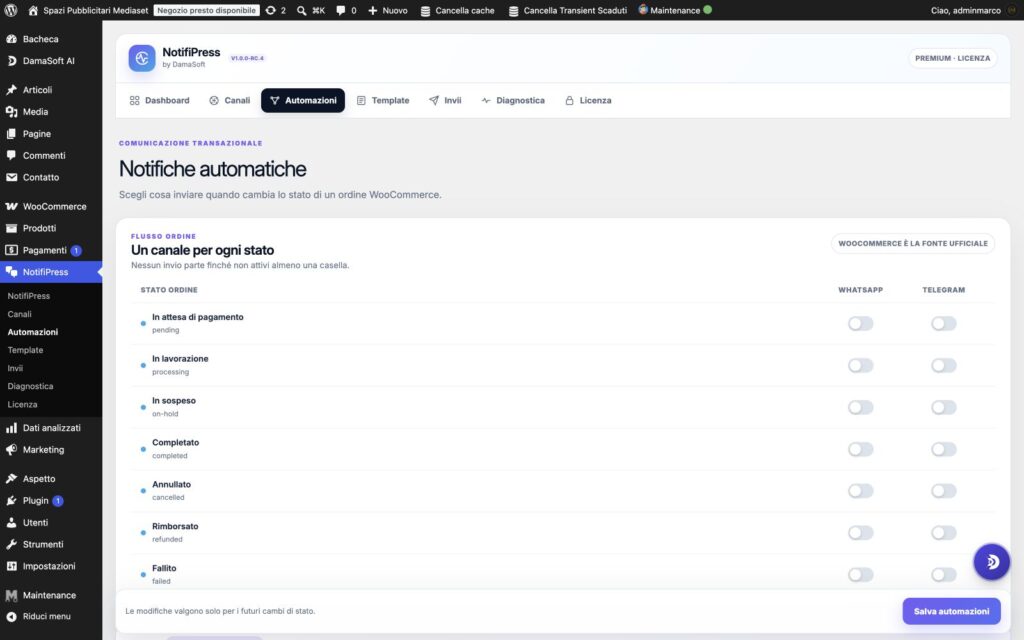 Automazioni notifiche ordine WooCommerce di DamaSoft NotifiPress
