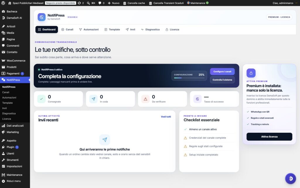 Dashboard DamaSoft NotifiPress con stato notifiche WhatsApp WooCommerce e Telegram