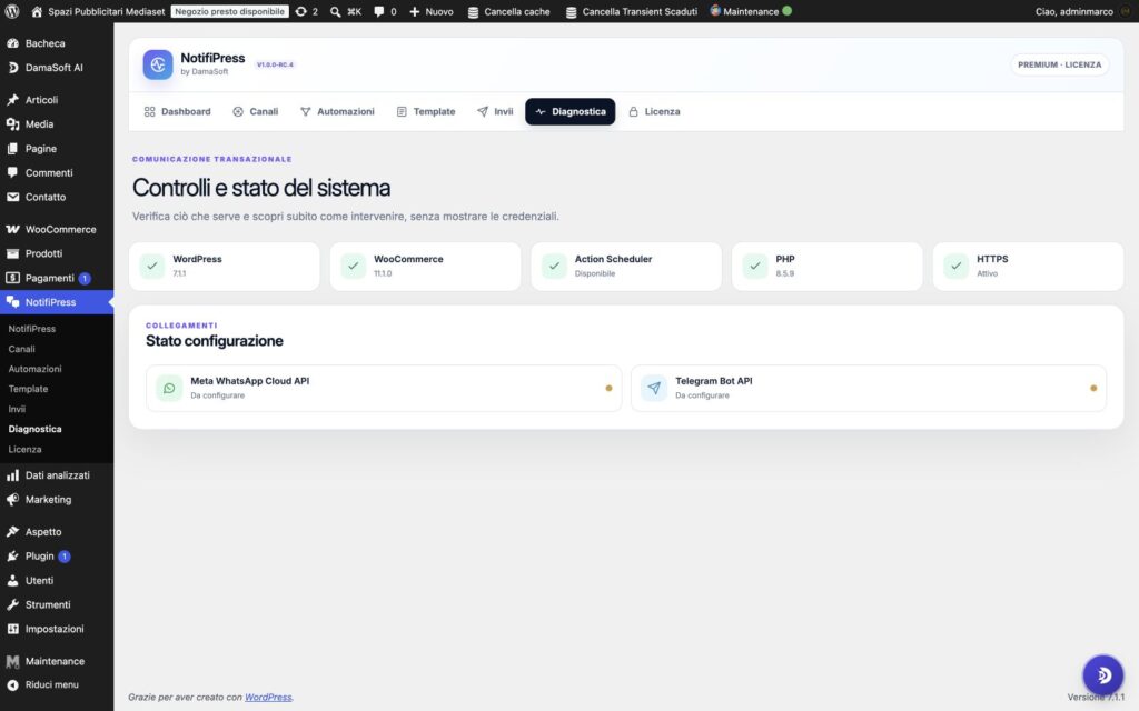 Diagnostica connessioni e code di DamaSoft NotifiPress