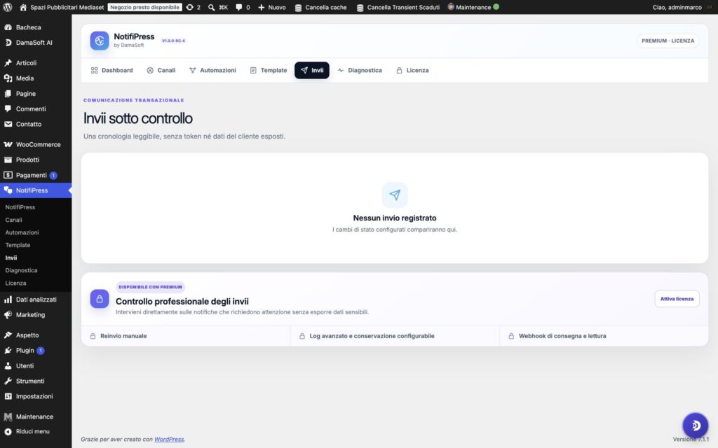 Registro invii e stato consegna notifiche WooCommerce in NotifiPress