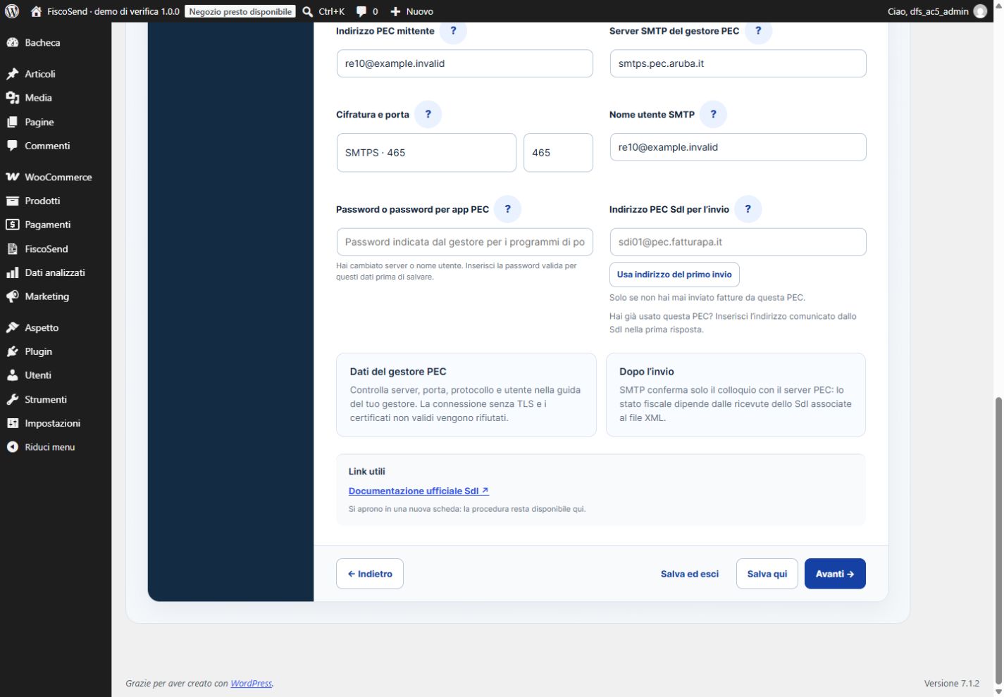 Passaggio PEC e SdI del wizard FiscoSend con parametri dimostrativi Aruba