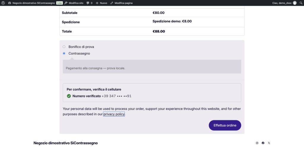 Verifica SìContrassegno completata nel checkout classico WooCommerce con numero dimostrativo mascherato