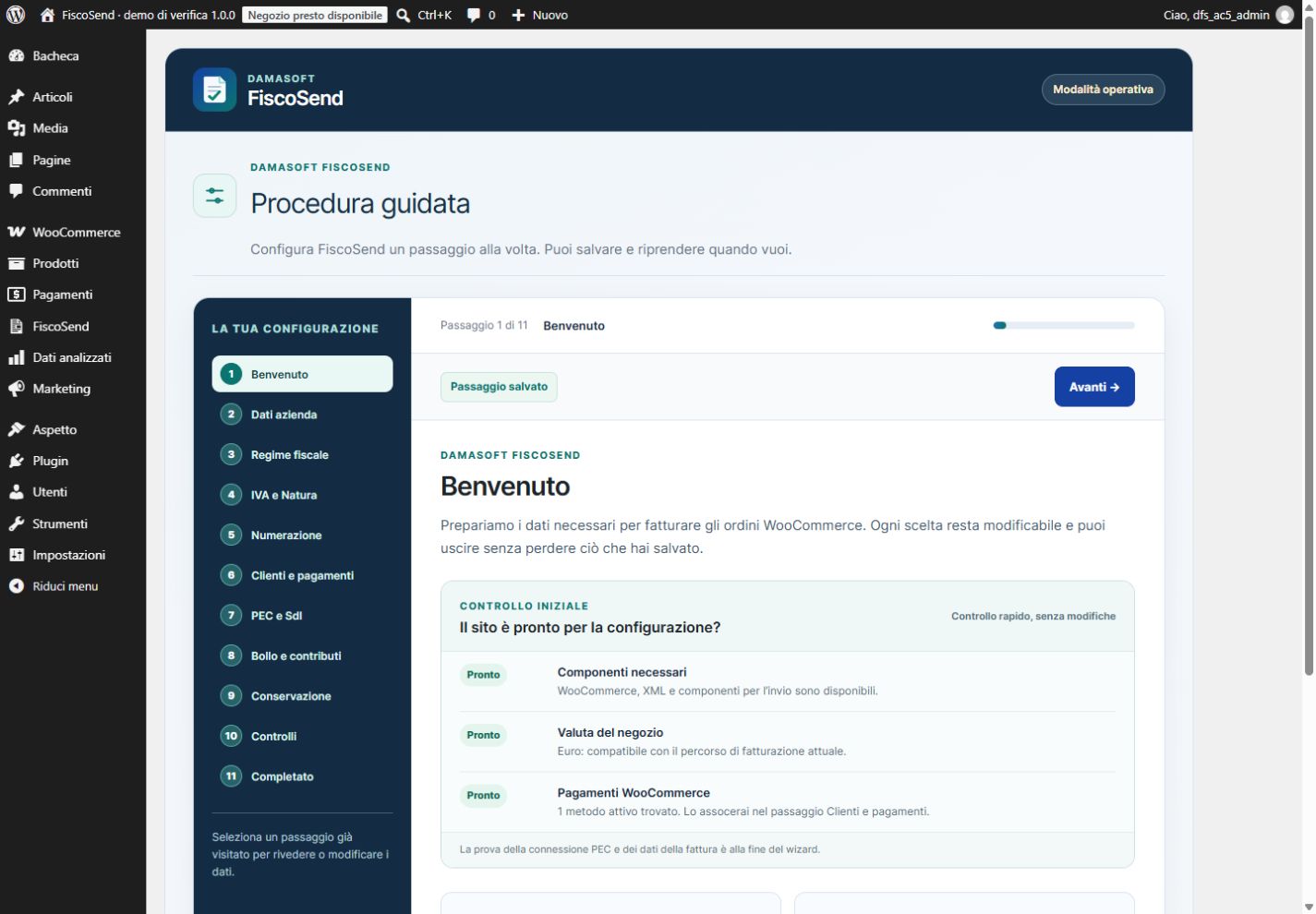 Benvenuto del wizard FiscoSend con passaggi della configurazione