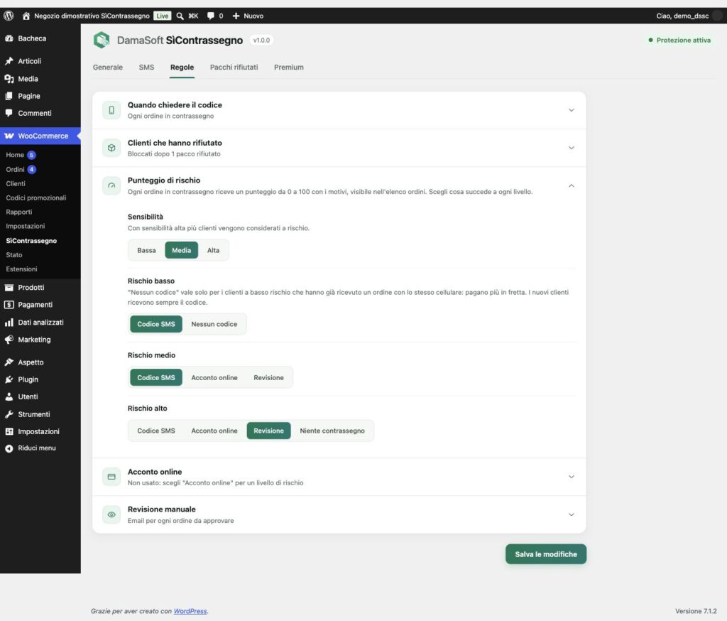SìContrassegno Premium: livelli di rischio con codice SMS, acconto, revisione o esclusione del contrassegno