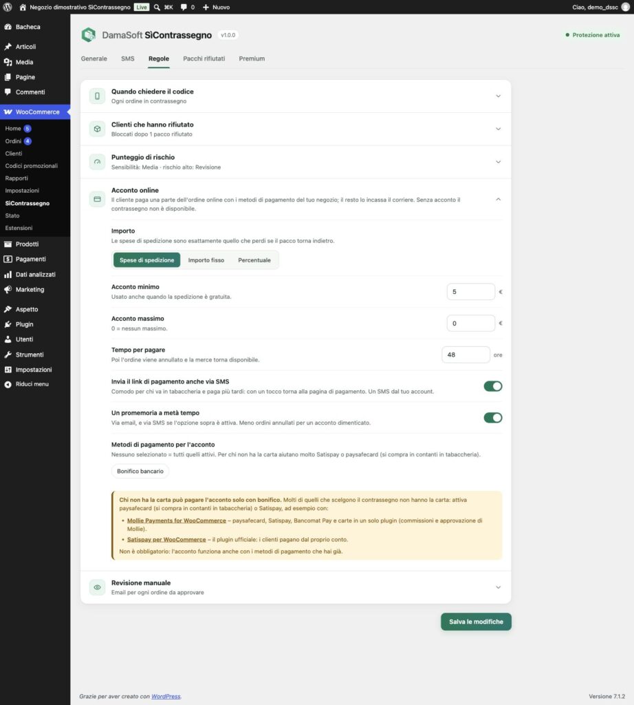 SìContrassegno Premium: impostazioni dell’acconto, scadenza, SMS e metodi di pagamento