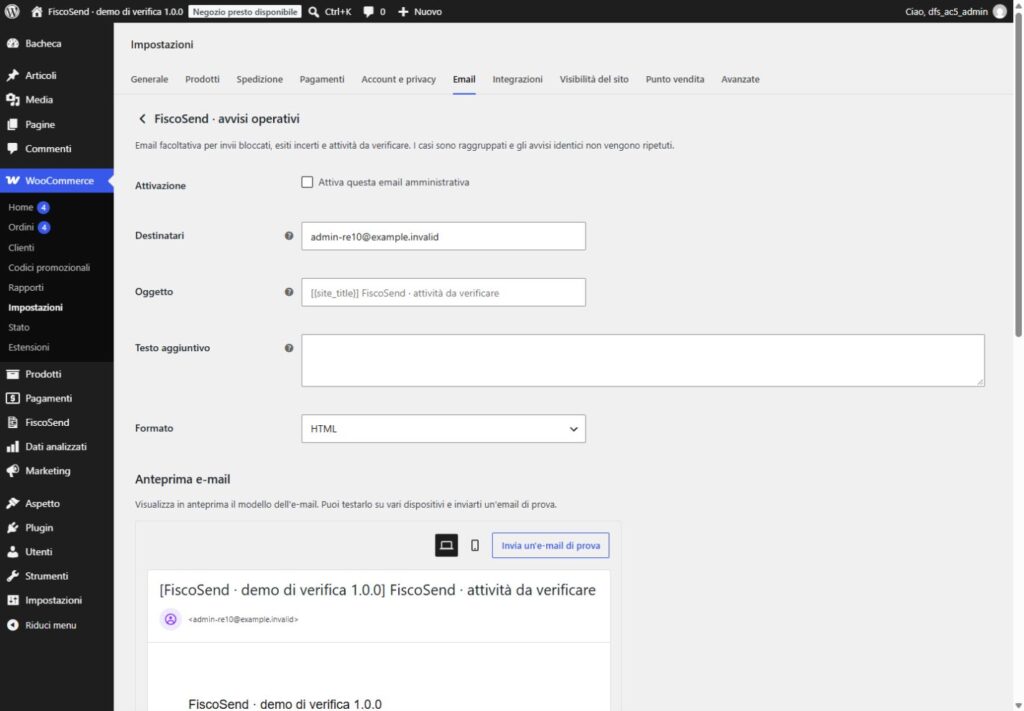 Impostazioni native WooCommerce dell'avviso amministrativo FiscoSend