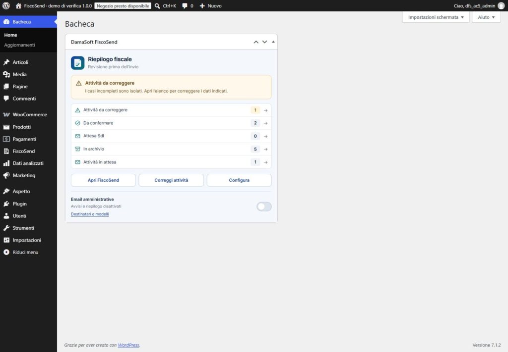 Widget FiscoSend nella Bacheca WordPress con riepilogo e collegamenti alle attività