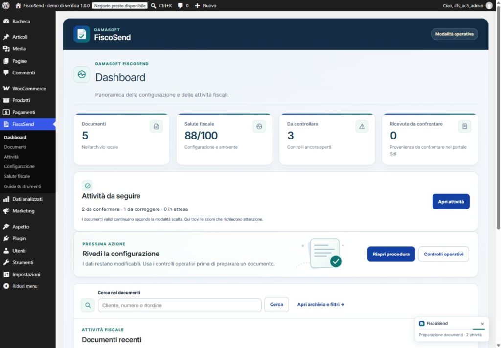 Dashboard FiscoSend con attività da correggere, in attesa e archiviate