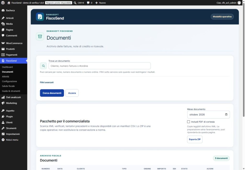 Archivio documenti FiscoSend con ricerca e filtri