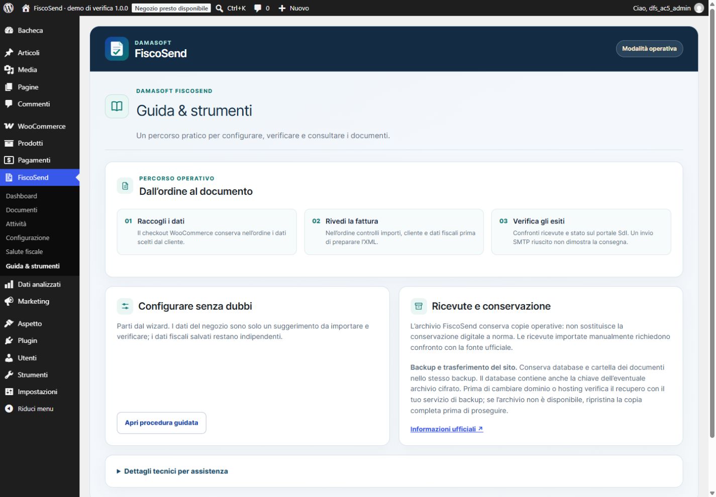 Guida FiscoSend in WordPress con spiegazioni dei percorsi operativi