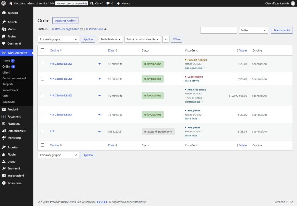 Elenco Ordini WooCommerce con stato fiscale FiscoSend e clienti dimostrativi
