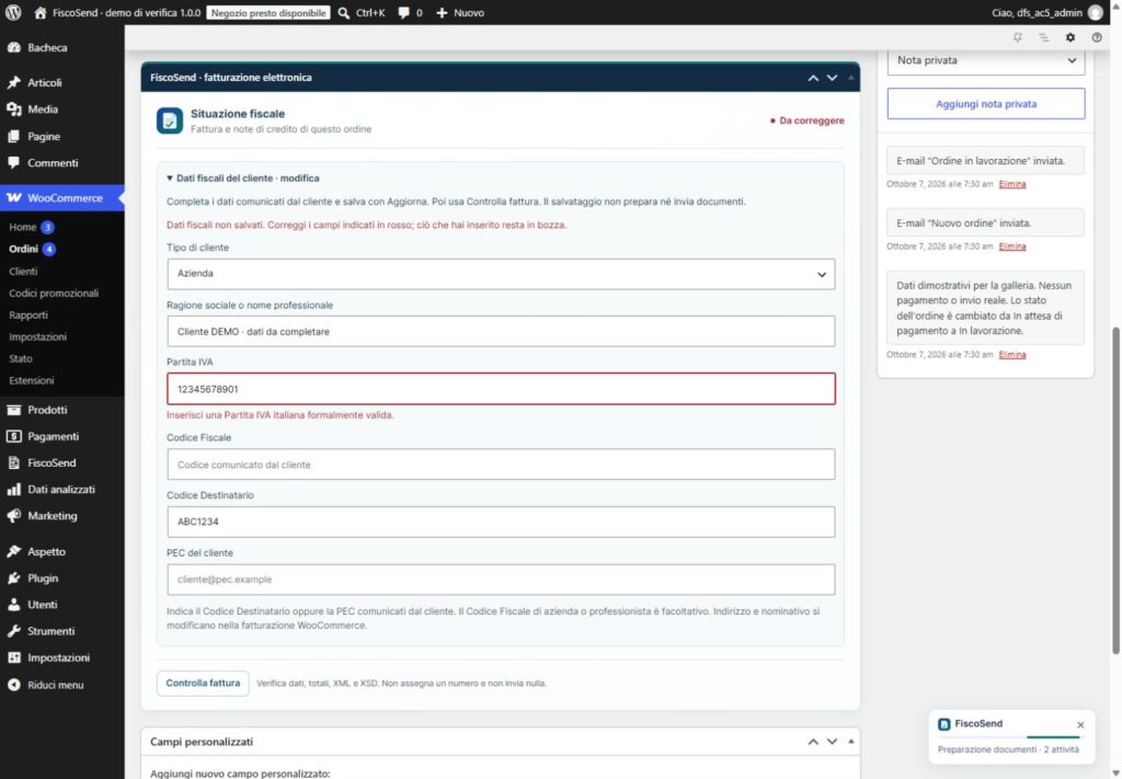 Pannello FiscoSend nell'ordine con errori vicino ai dati fiscali da correggere