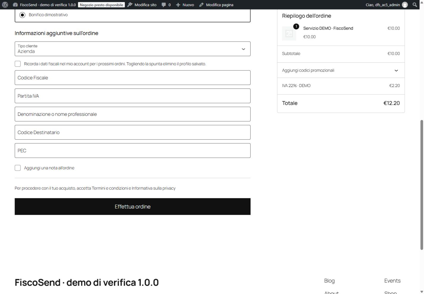 Checkout WooCommerce Blocks dimostrativo con i campi fiscali FiscoSend per azienda