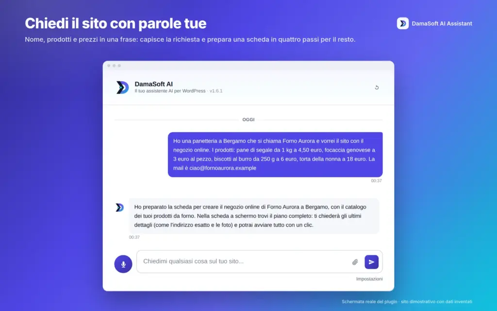 Richiesta per il sito Forno Aurora con prodotti e prezzi dimostrativi. Demo originale 1.6.1 con dati inventati.