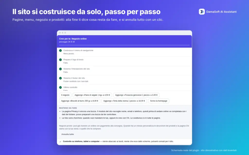 Riepilogo della costruzione con passaggi conclusi e attività rimanenti. Demo originale 1.6.1 con dati inventati.
