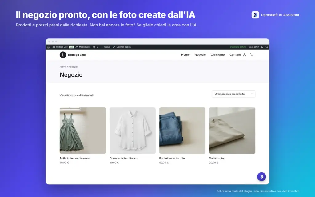 Quattro prodotti di Bottega Lino con fotografie dichiarate generate con l’AI. Demo originale 1.6.1 con dati inventati.