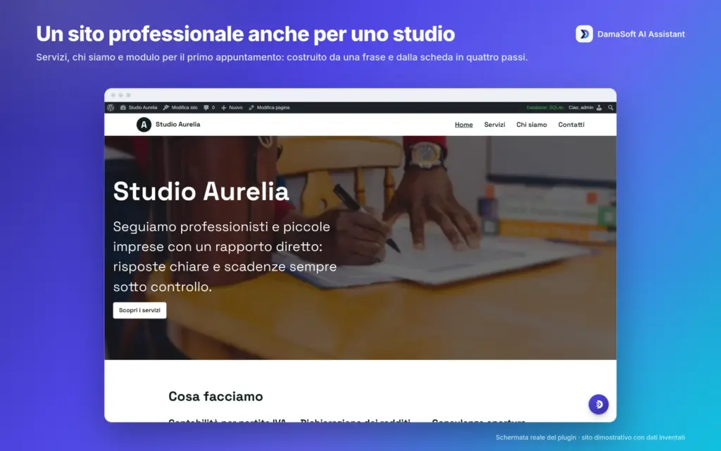 Presentazione e servizi della Home dimostrativa Studio Aurelia. Demo originale 1.6.1 con dati inventati.