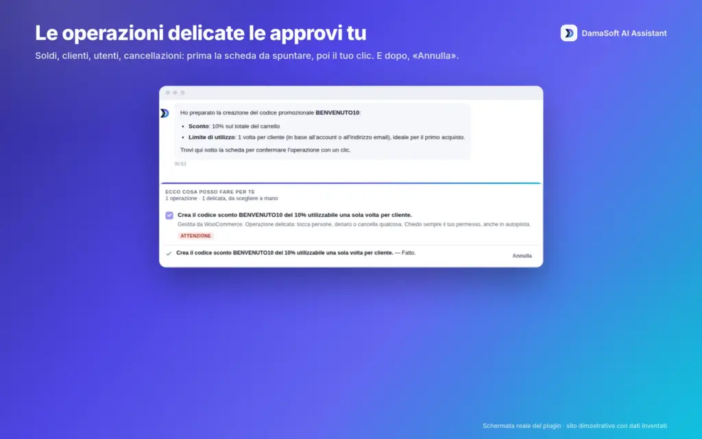 Proposta e conferma di un coupon WooCommerce dimostrativo. Demo originale 1.6.1 con dati inventati.