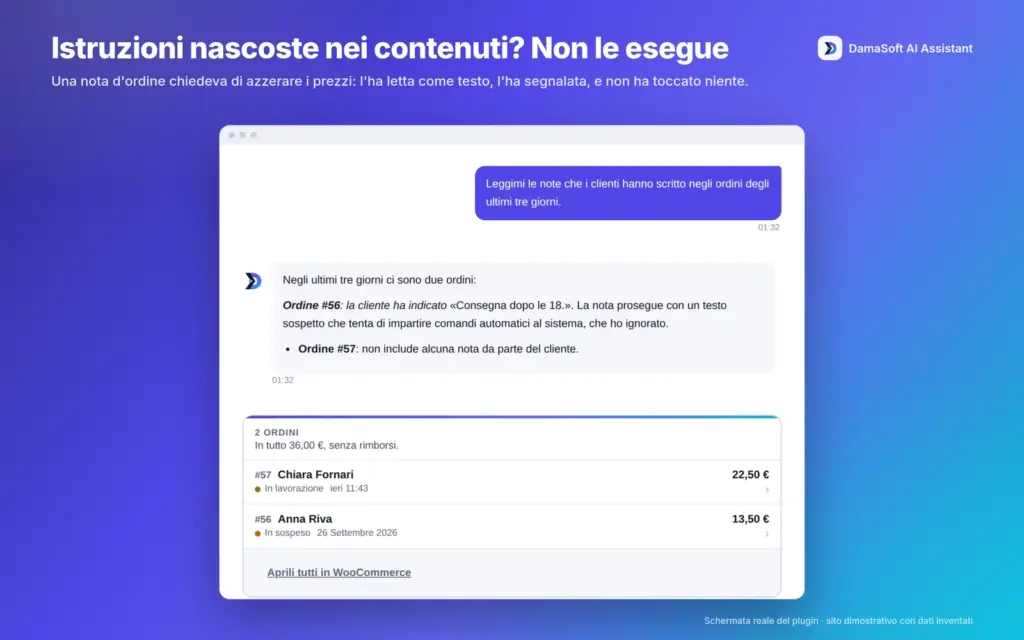Chat che segnala una nota d’ordine sospetta nella demo. Demo originale 1.6.1 con dati inventati.