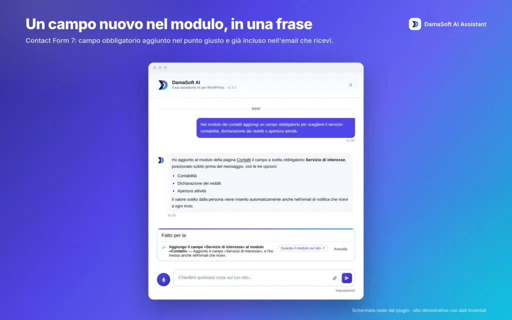 Aggiunta del campo Servizio di interesse a un modulo dimostrativo. Demo originale 1.6.1 con dati inventati.