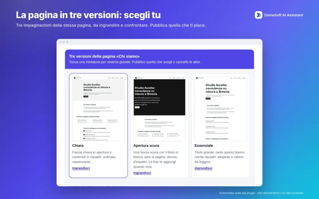 Versioni Chiara, Apertura scura ed Essenziale di una pagina dimostrativa. Demo originale 1.6.1 con dati inventati.
