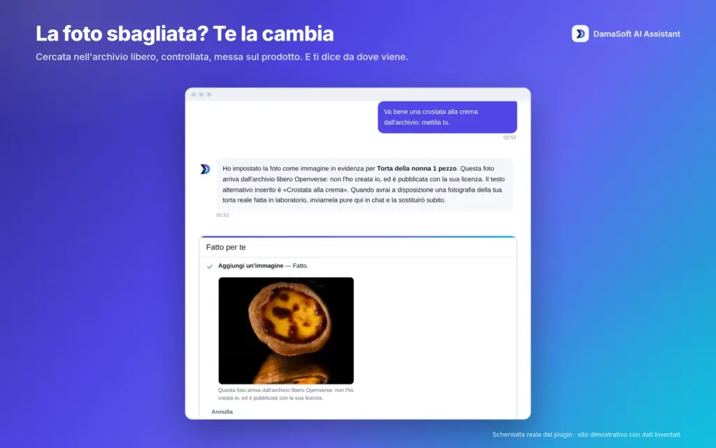 La chat assegna una fotografia d’archivio a un prodotto dimostrativo. Demo originale 1.6.1 con dati inventati.