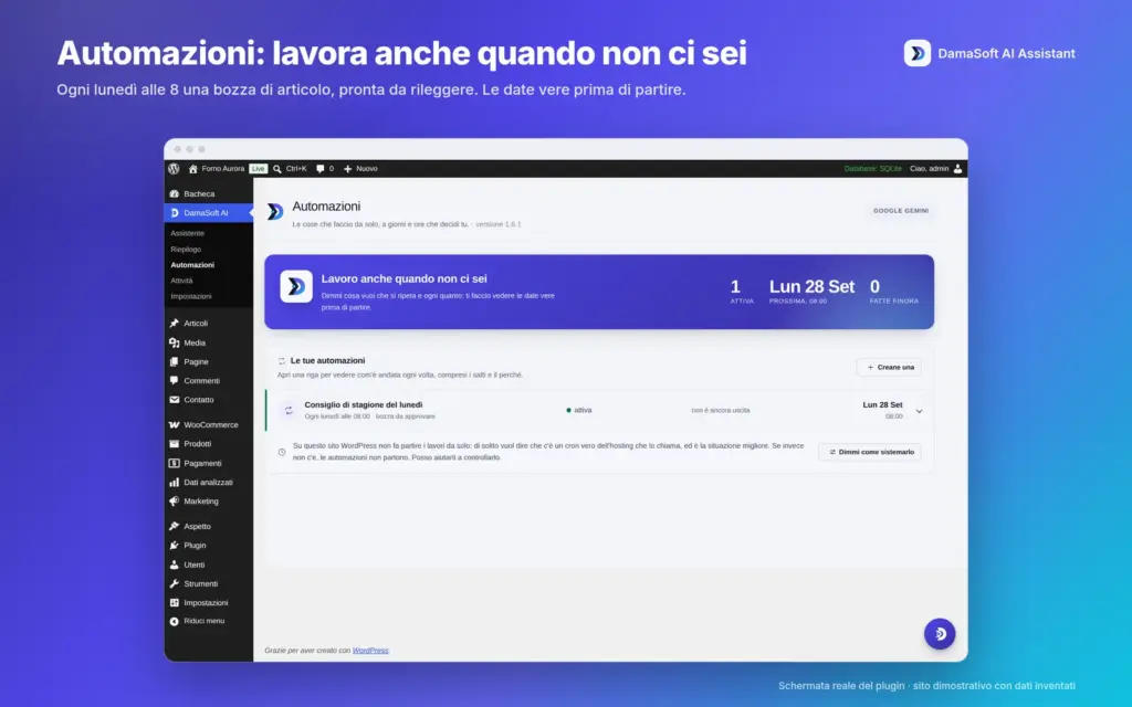 Automazione settimanale con prossimo avvio e avviso sul cron. Demo originale 1.6.1 con dati inventati.